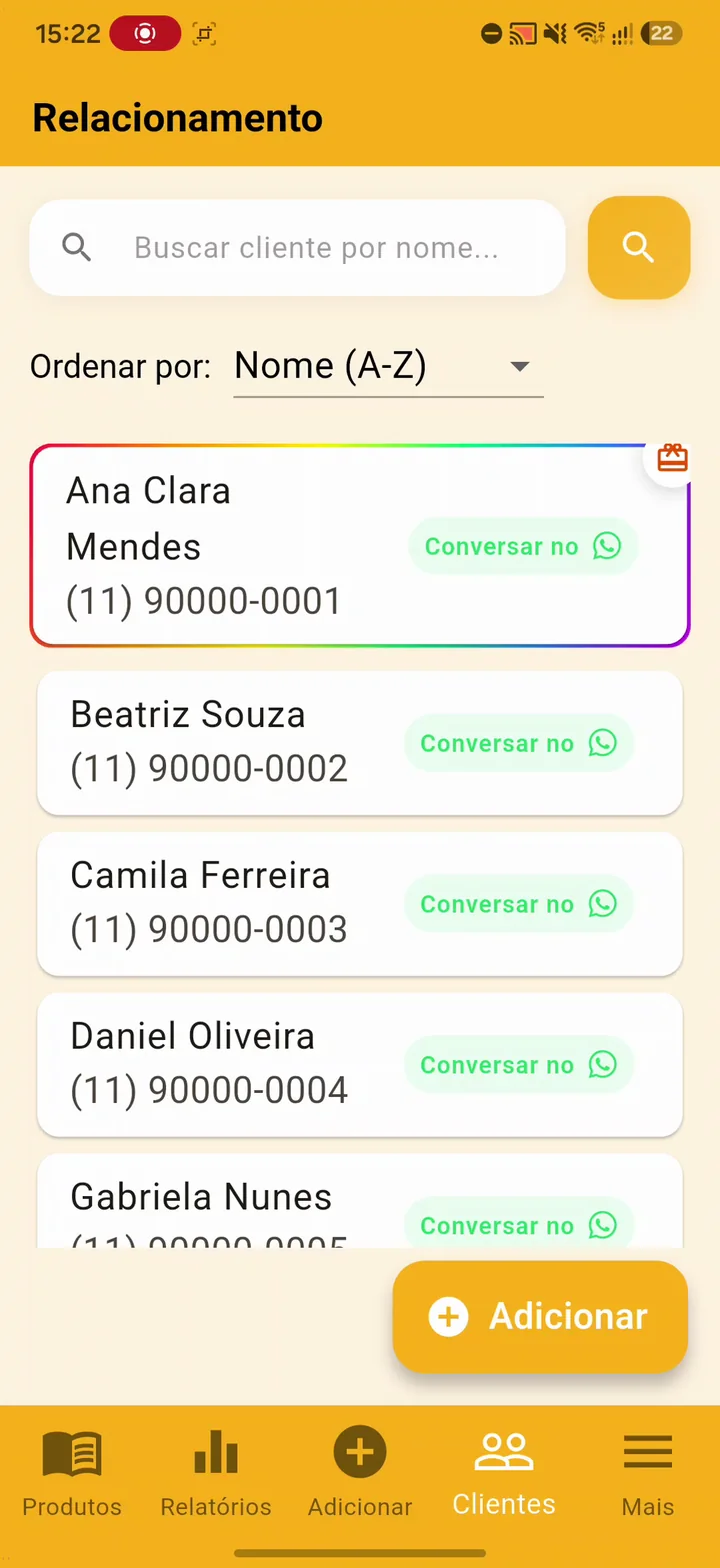 Cadastro de clientes com nomes e atalhos de contato