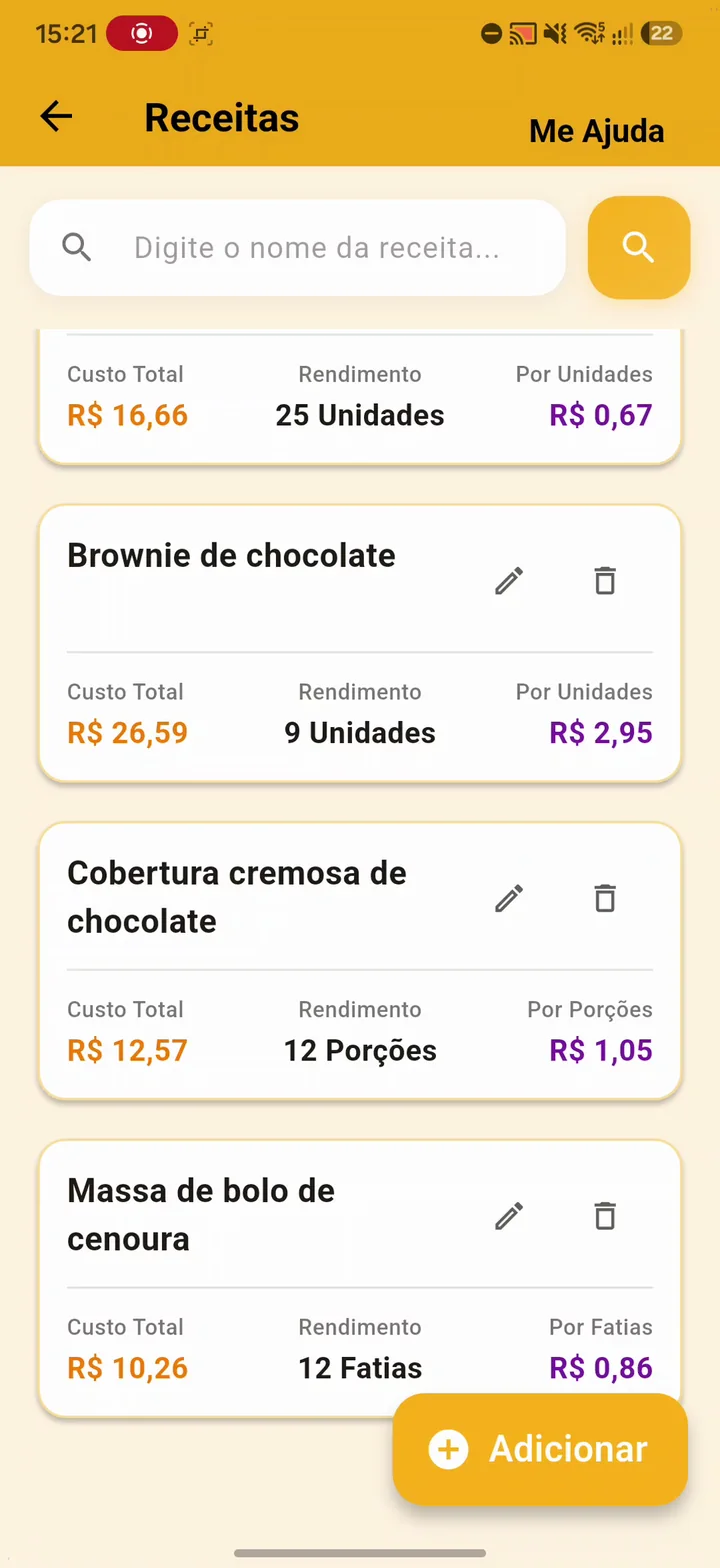 Lista de receitas com custo, rendimento e custo por unidade