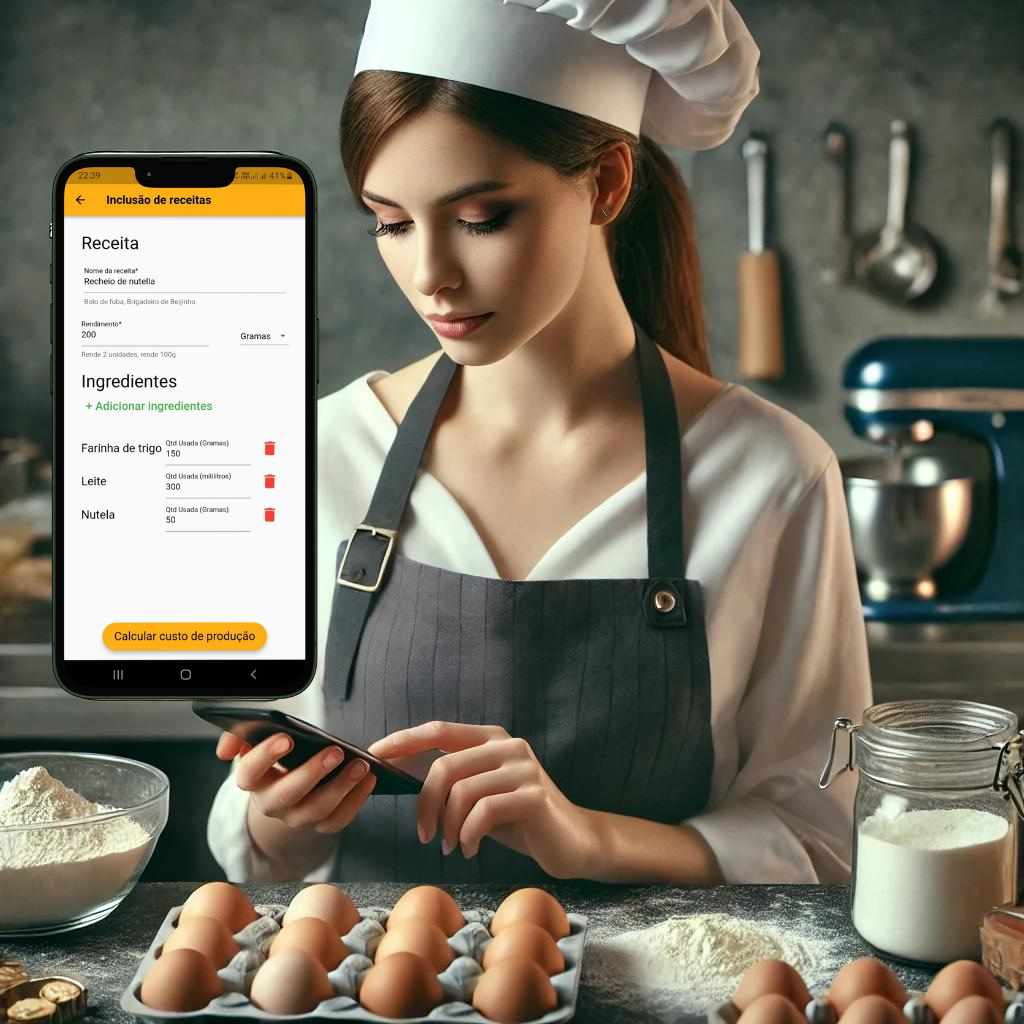 confeiteira utilizando app para ficha técnica